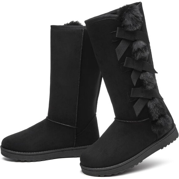 Shoes - Women's Warm Mid Calf Boots Fuzzy Ladies Booties Classic Bow Tie Black
